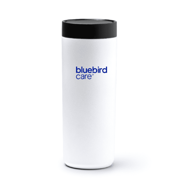 white with blue logo