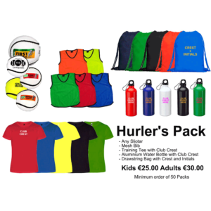 Hurlers pack - sliotar - bibs - drawstring bag - water bottle - t shirt - personalised