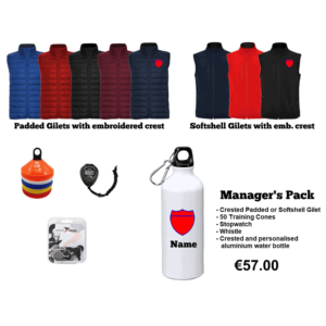 Managers pack - gilet - markers - stopwatch- whistle - water bottle