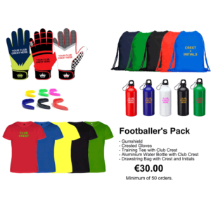 Footballers pack - gloves - gumshields- water bottle - tshirt -drawstring bag - custom club pack